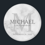 Marble Personalised Groomsmen's name and monogram Magnet<br><div class="desc">Add a personal touch to your wedding with personalised groomsmen magnet. This magnet features personalised groomsman's name with title and wedding date in grey and monogram in light grey as background, in classic serif font style, on white marble background. Also perfect for best man, father of the bride, ring bearer...</div>
