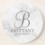 Marble Personalised Monogram and Name Bridesmaid Coaster<br><div class="desc">Modern Personalised Bridesmaid Gifts
featuring personalised monogram in elegant script font style with bridesmaid's name and title in classic serif font style on white marble background.

Also perfect for maid of honour,  mother of the bride and more.</div>