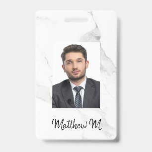 Marble photo name minimalist white grey ID badge