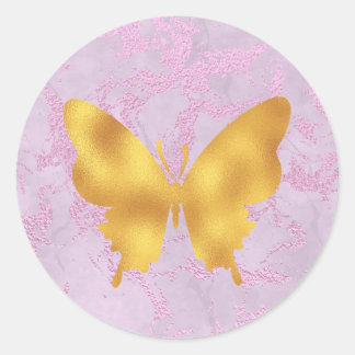 Marble Pink And Gold Butterfly Classic Round Sticker