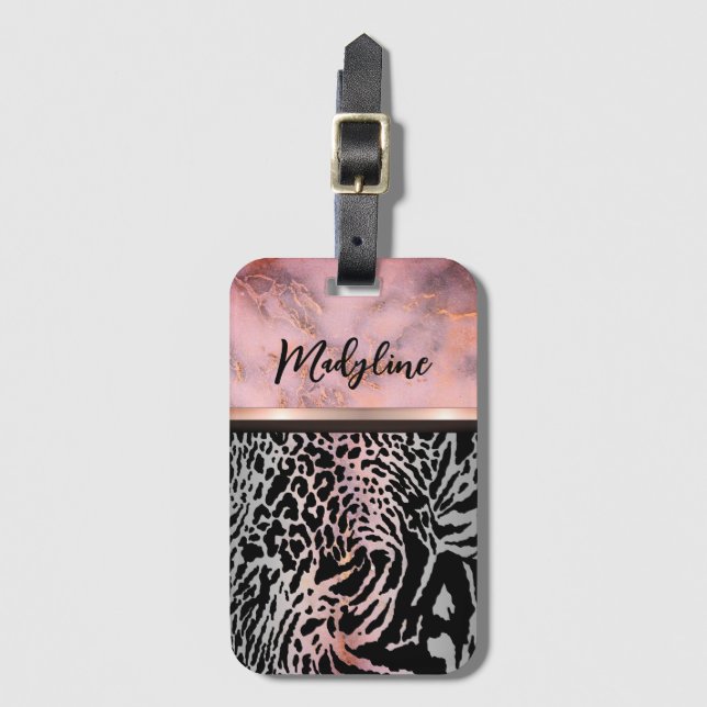 Marble Pink Chic Tiger Safari Print   Luggage Tag (Front Vertical)