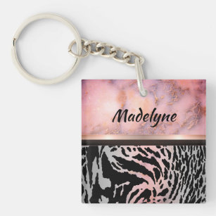 Marble Pink Chic Tiger Safari Print Personalised Key Ring