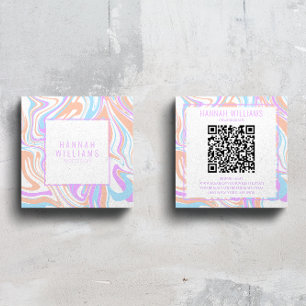 Marble Purple Pastel Agate QR Code Girly Rainbow Square Business Card