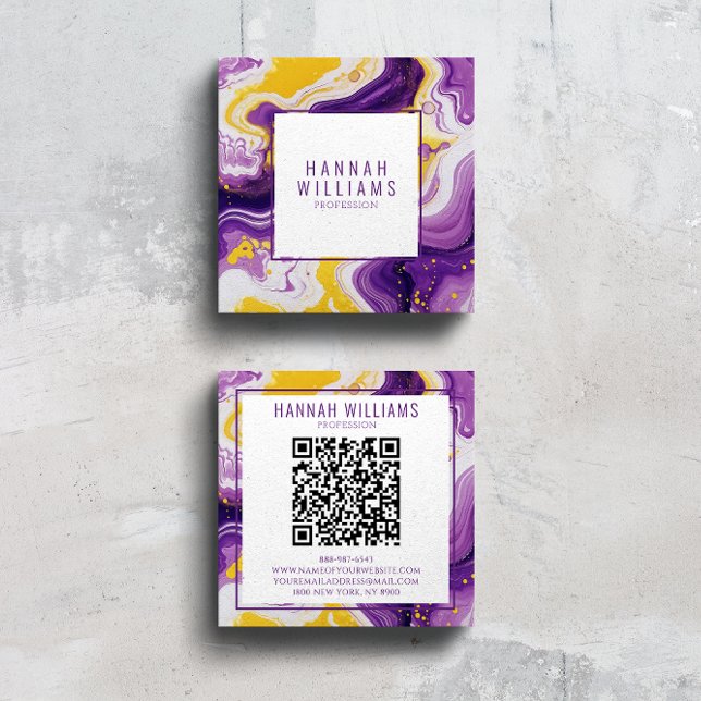 Marble Purple Yellow Agate QR Code Liquid Square Business Card (Creator Uploaded)