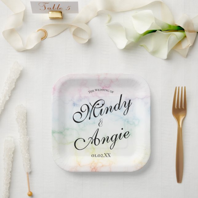 Marble Rainbow Gay Script Wedding Paper Plate (Wedding)