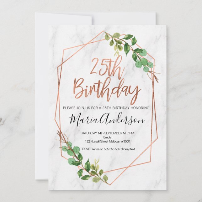 Marble Rose Gold Foliage 25th Birthday invitation (Front)