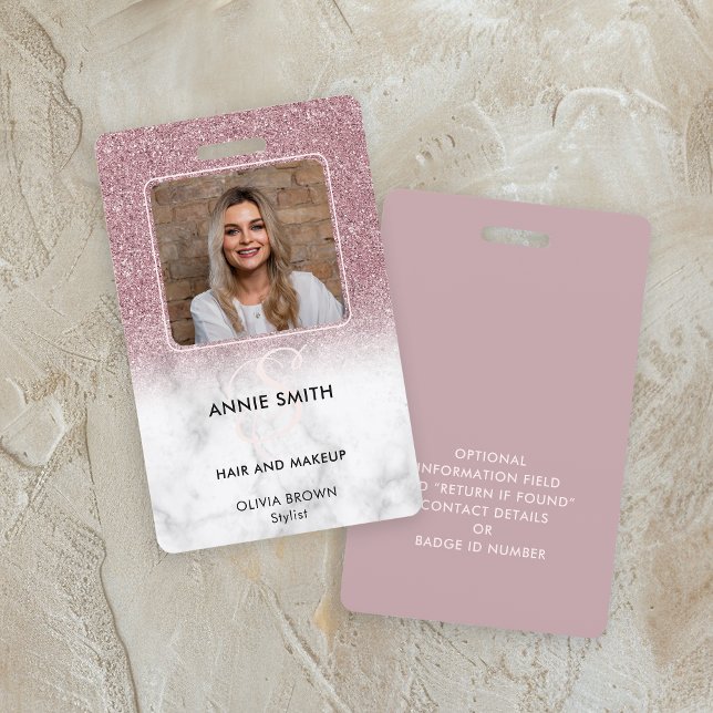Marble Rose Gold Glitter Photo Makeup Hair Salon ID Badge (Creator Uploaded)