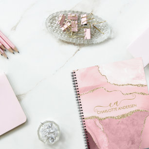 Marble Rose Gold Glitter Script Monogram Notebook