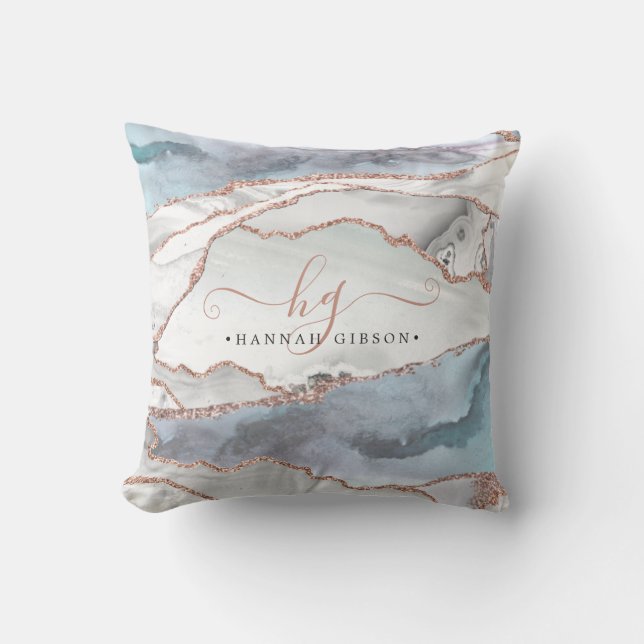 Marble Rose Gold Glitter Teal Script Monogram Cushion (Front)