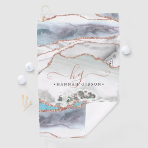 Marble Rose Gold Glitter Teal Script Monogram Golf Towel