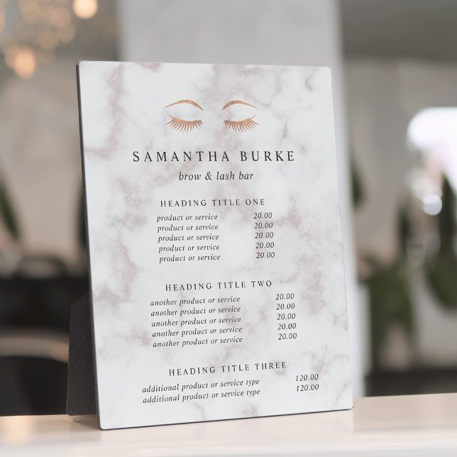 Marble Rose Gold Lash & Brow Pricing/Services Plaque (Creator Uploaded)