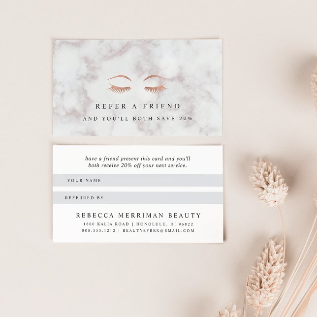 Marble & Rose Gold Lashes & Brows Beauty Referral Card (Creator Uploaded)