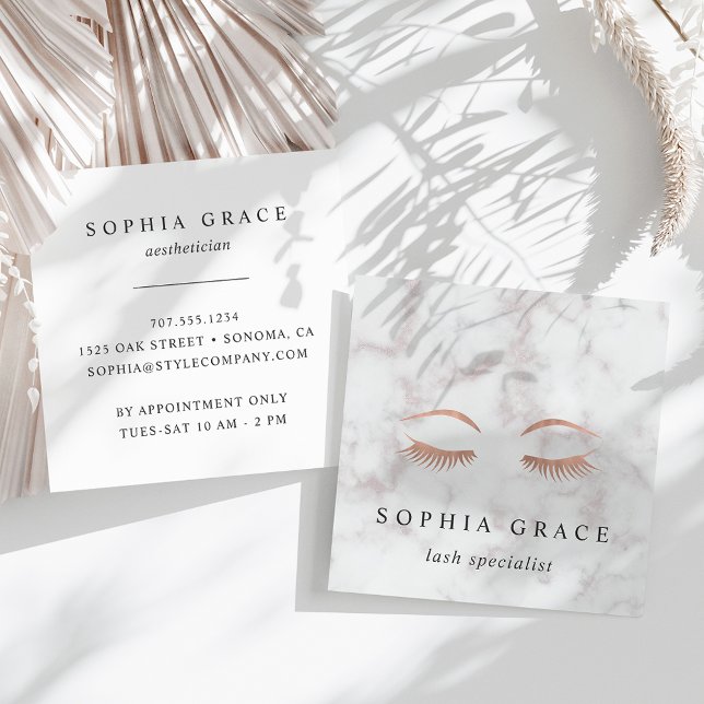 Marble & Rose Gold Lashes & Brows Beauty Square Business Card (Creator Uploaded)