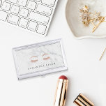 Marble Rose Gold Lashes & Brows Personalised Business Card Holder<br><div class="desc">Elegant business card holder for aestheticians or makeup artists features your name and/or business name in dark grey lettering on a luxe white marble background adorned with a pair of lush lashes and brows in faux rose gold foil.</div>