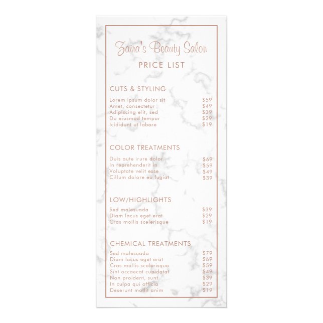 Marble Rose Gold Modern Beauty Salon Price List Rack Card (Front)