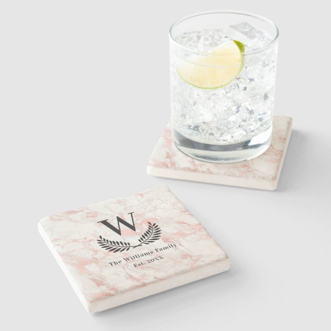 Marble rose gold pink family monogram classic stone coaster (Side)