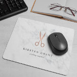 Marble & Rose Gold Scissors Hair Salon Logo Mouse Pad<br><div class="desc">Chic personalised mousepad for your hair salon or hairstyling business features two lines of custom text in charcoal grey lettering,  on a white marble background adorned with a pair of stylist's scissors in faux rose gold foil.</div>