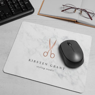 Marble & Rose Gold Scissors Hair Salon Logo Mouse Pad