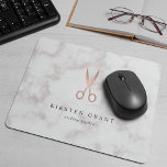 Marble & Rose Gold Scissors Hair Salon Logo Mouse Pad<br><div class="desc">Chic personalised mousepad for your hair salon or hairstyling business features two lines of custom text in charcoal grey lettering,  on a marble background adorned with a pair of stylist's scissors in faux rose gold foil.</div>