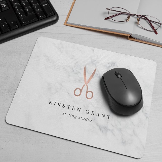 Marble & Rose Gold Scissors Hair Salon Logo Mouse Pad (Creator Uploaded)
