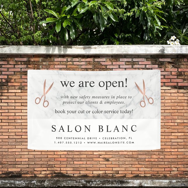 Marble & Rose Gold Scissors Hair Salon Reopening Banner (Creator Uploaded)