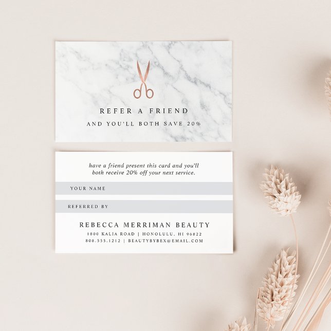 Marble & Rose Gold Scissors Logo | Hair Salon Referral Card (Creator Uploaded)