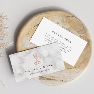 Marble & Rose Gold Scissors Logo Hairstylist Business Card