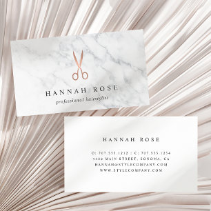 Marble & Rose Gold Scissors Logo Hairstylist Business Card