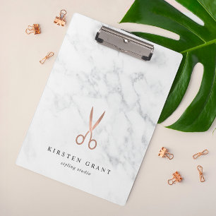 Marble & Rose Gold Scissors Salon Logo Clipboard