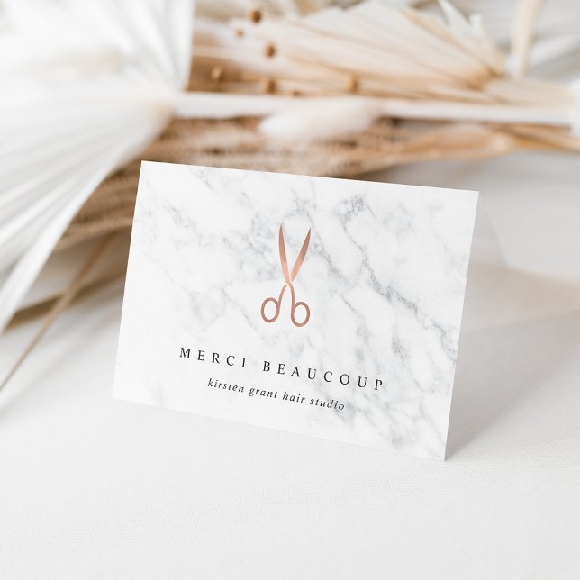 Marble & Rose Gold Scissors Salon Logo Note Cards (Creator Uploaded)