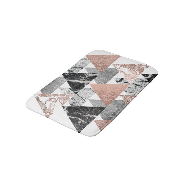 Marble Rose Gold Silver and Floral Geo Triangles Bath Mat (Angled)