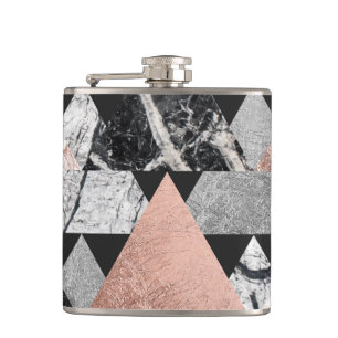 Marble Rose Gold Silver and Floral Geo Triangles Hip Flask