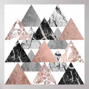 Marble Rose Gold Silver and Floral Geo Triangles Poster