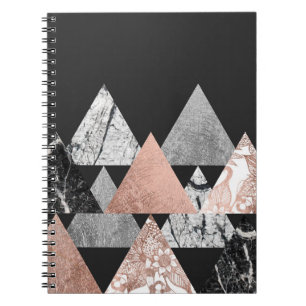 Marble Rose Gold Silver and Floral Geo Triangles Spiral Notebook