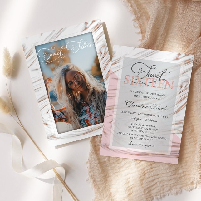 Marble Rose Gold Sweet 16 Birthday Invitation (Creator Uploaded)