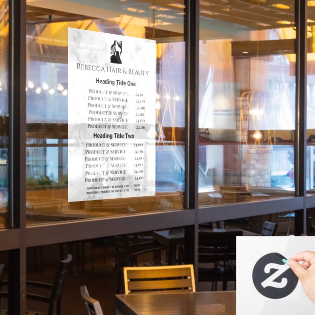 Marble Salon Restaurant Pricing & Services Display (Restaurant Window)