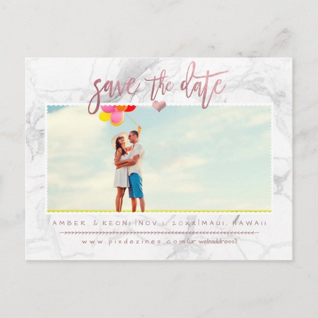 Marble Save the Date/Faux Rose Gold Script Announcement Postcard (Front)