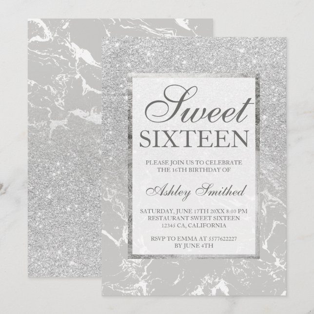 Marble silver grey glitter elegant chic Sweet 16 Invitation (Front/Back)