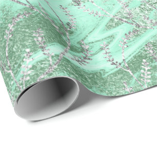 Marble Silver Grey Mint Green Floral Foil Laurel Wrapping Paper
