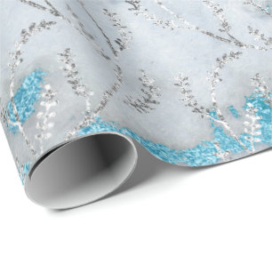 Marble Silver Grey Ocean Floral Foil Laurel Wrapping Paper