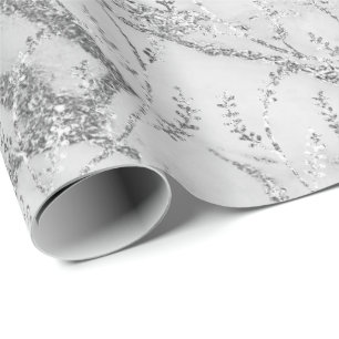 Marble Silver Grey White Floral Foil Laurel Wrapping Paper