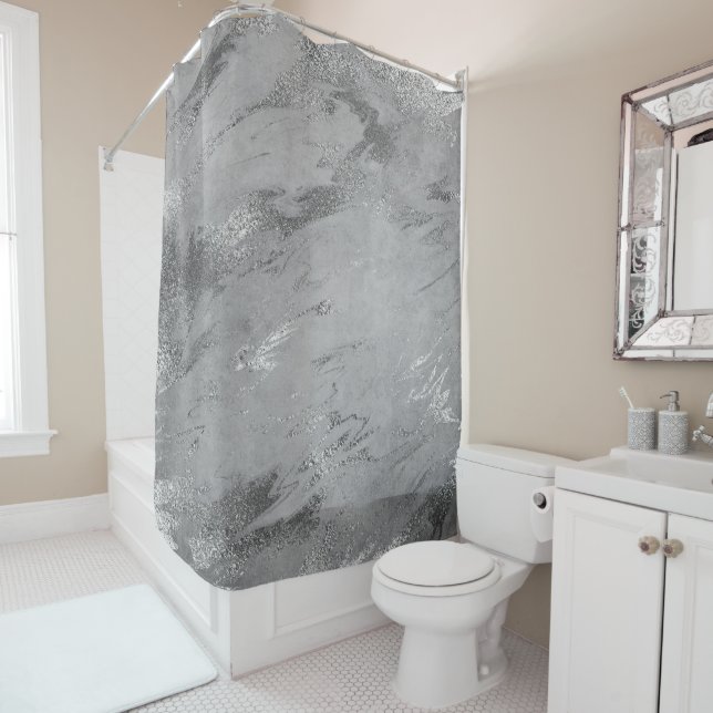 Marble Stone Abstract Silver Grey Metallic Strokes Shower Curtain (In Situ)