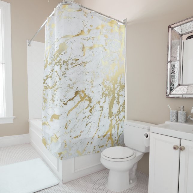 Marble Stone Abstract White Carrara Gold Luxury Shower Curtain (In Situ)