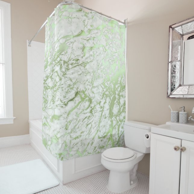 Marble Stone Abstract White Carrara Mint Green Shower Curtain (In Situ)