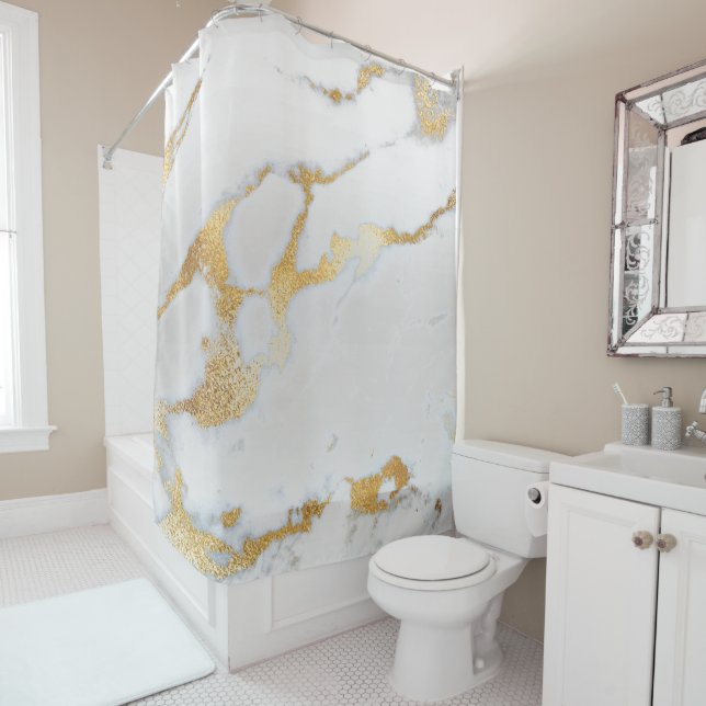 Marble Stone Abstract White GraySilver Metal Gold Shower Curtain (In Situ)