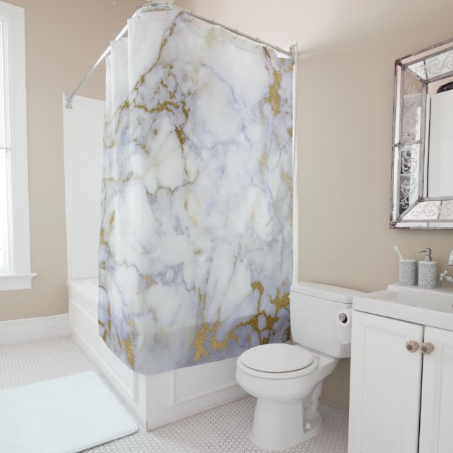 Marble Stone Abstract White Grey Gold Carrara Lux Shower Curtain (In Situ)
