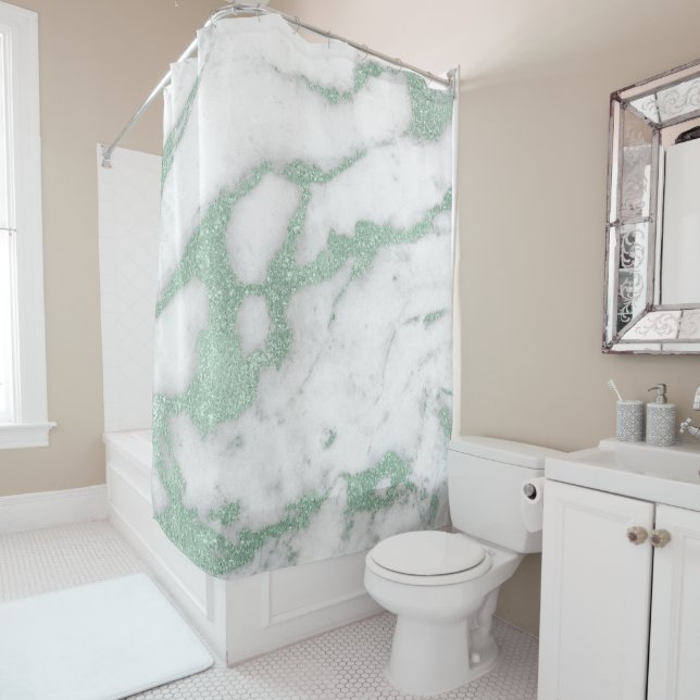 Marble Stone Abstract White Grey Mint Green Pastel Shower Curtain (In Situ)