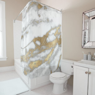 Marble Stone Abstract White Grey Silver Gold Carra Shower Curtain