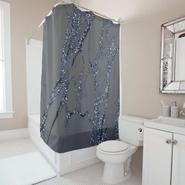 Marble Stone Blue Navy Graphite Glitter Grey Shower Curtain (In Situ)