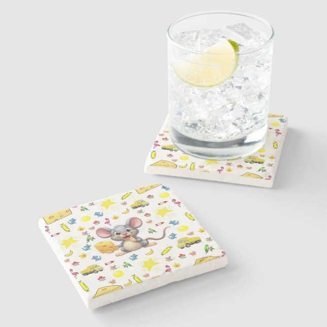 Marble Stone Coaster Mouse Yellow Cheese Cat Stars (Side)